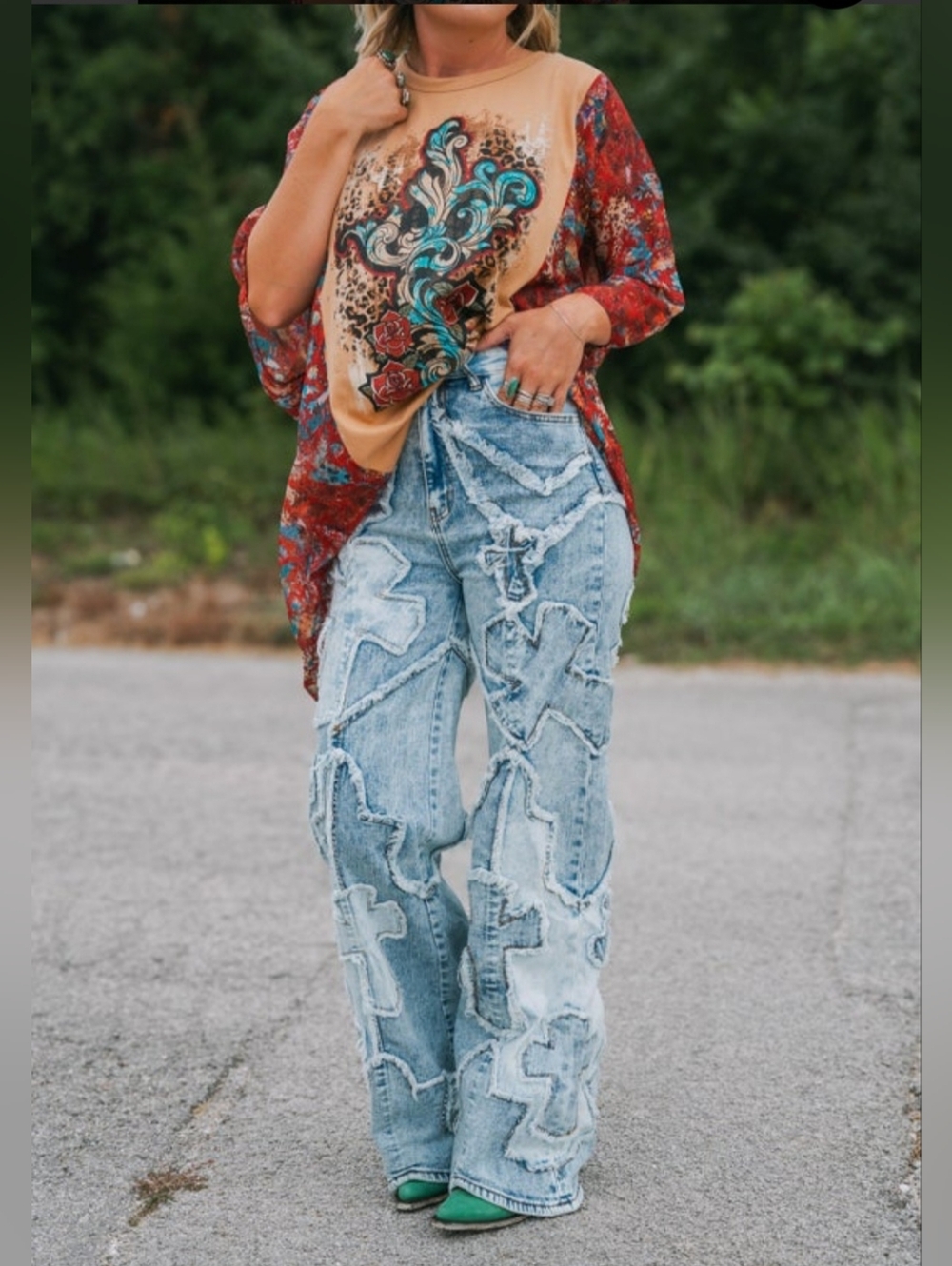 Aphrodite Ripped Revival Light Blue Cross Patchwork Jeans